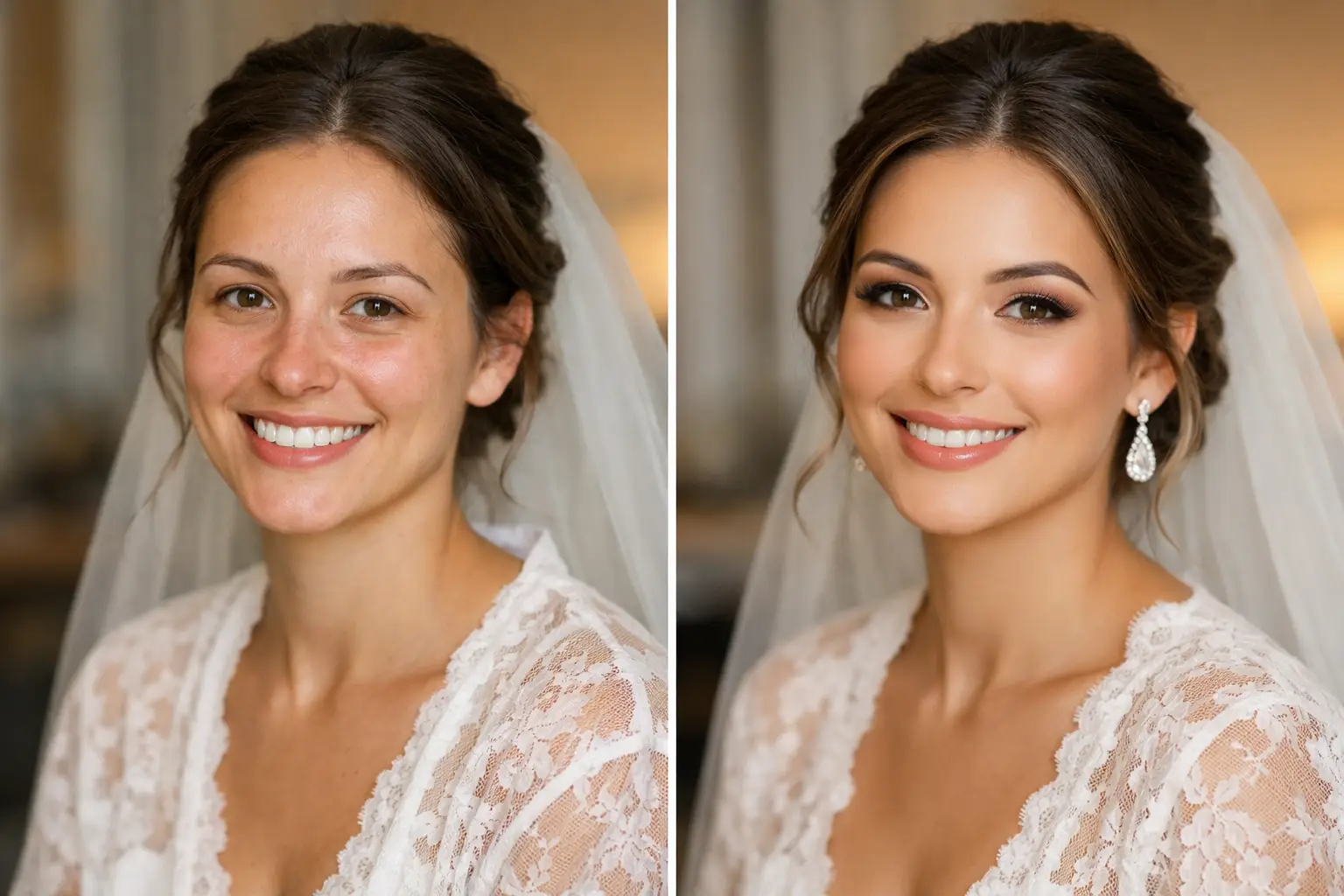 Bridal Makeup Before and After Example for Soft Glam
